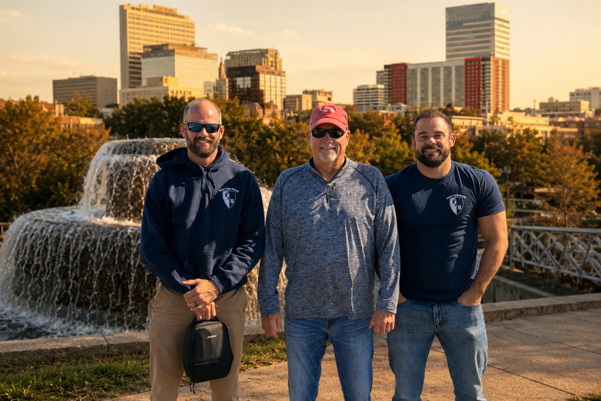 Tony Jr., Tony Sr., and Ryan Fogle at Finlay Park with the Columbia, SC skyline behind them