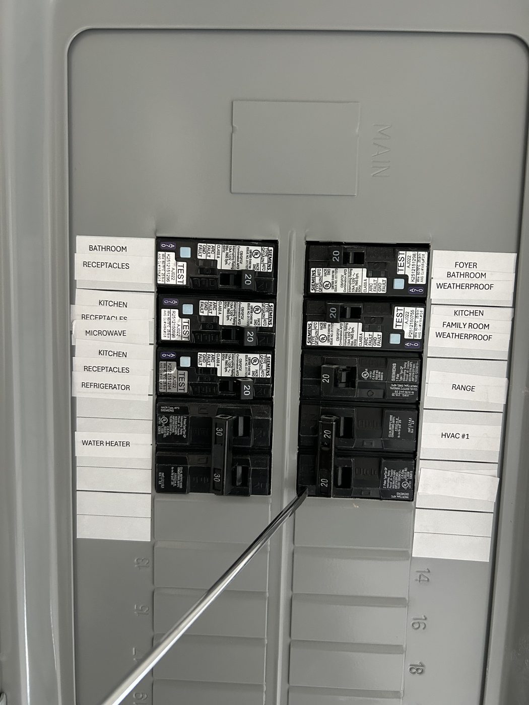 Neatly labeled electrical panel after a whole-home rewire by Fogle & Sons Electric